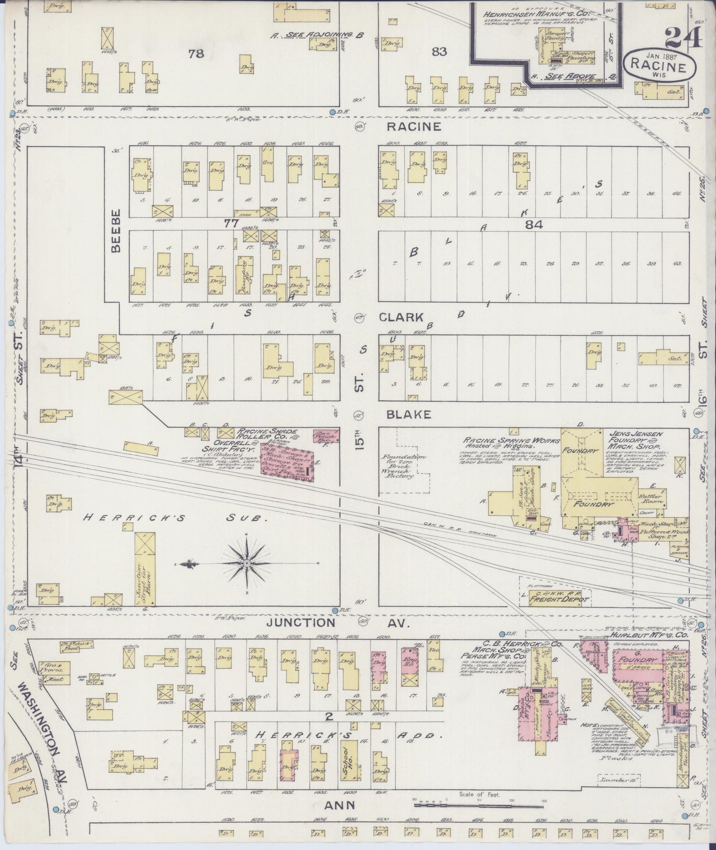 Sanborn Fire Insurance Map from Racine, Racine County, Wisconsin (1887), Sheet #0024 - Historic Sanborn Fire Insurance Map Print, vintage old map wall art, antique decor, genealogy gift, Wisconsin Wisconsin map