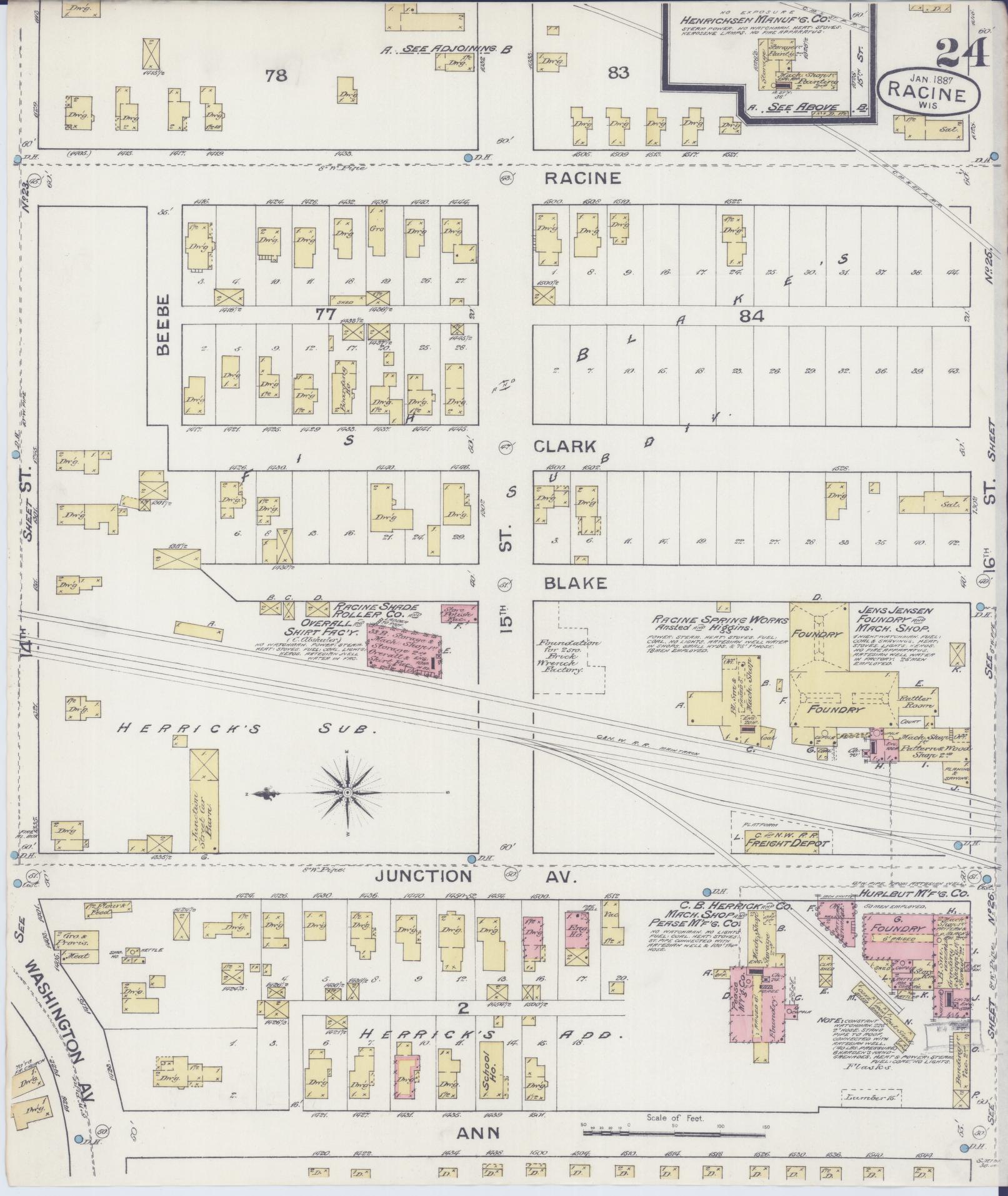 Sanborn Fire Insurance Map from Racine, Racine County, Wisconsin (1887), Sheet #0024 - Historic Sanborn Fire Insurance Map Print, vintage old map wall art, antique decor, genealogy gift, Wisconsin Wisconsin map