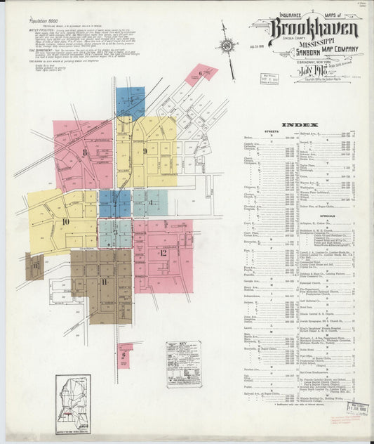 Sanborn Fire Insurance Map from Brookhaven, Lincoln County, Mississippi (1918), Sheet #0001 - Historic Sanborn Fire Insurance Map Print, vintage old map wall art, antique decor, genealogy gift, Mississippi Mississippi map