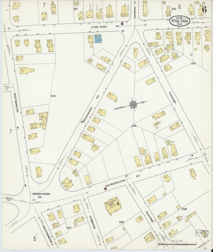 Sanborn Fire Insurance Map from Hyde Park, Norfolk County, Massachusetts (1911), Sheet #0006 - Historic Sanborn Fire Insurance Map Print, vintage old map wall art, antique decor, genealogy gift, Massachusetts Massachusetts map