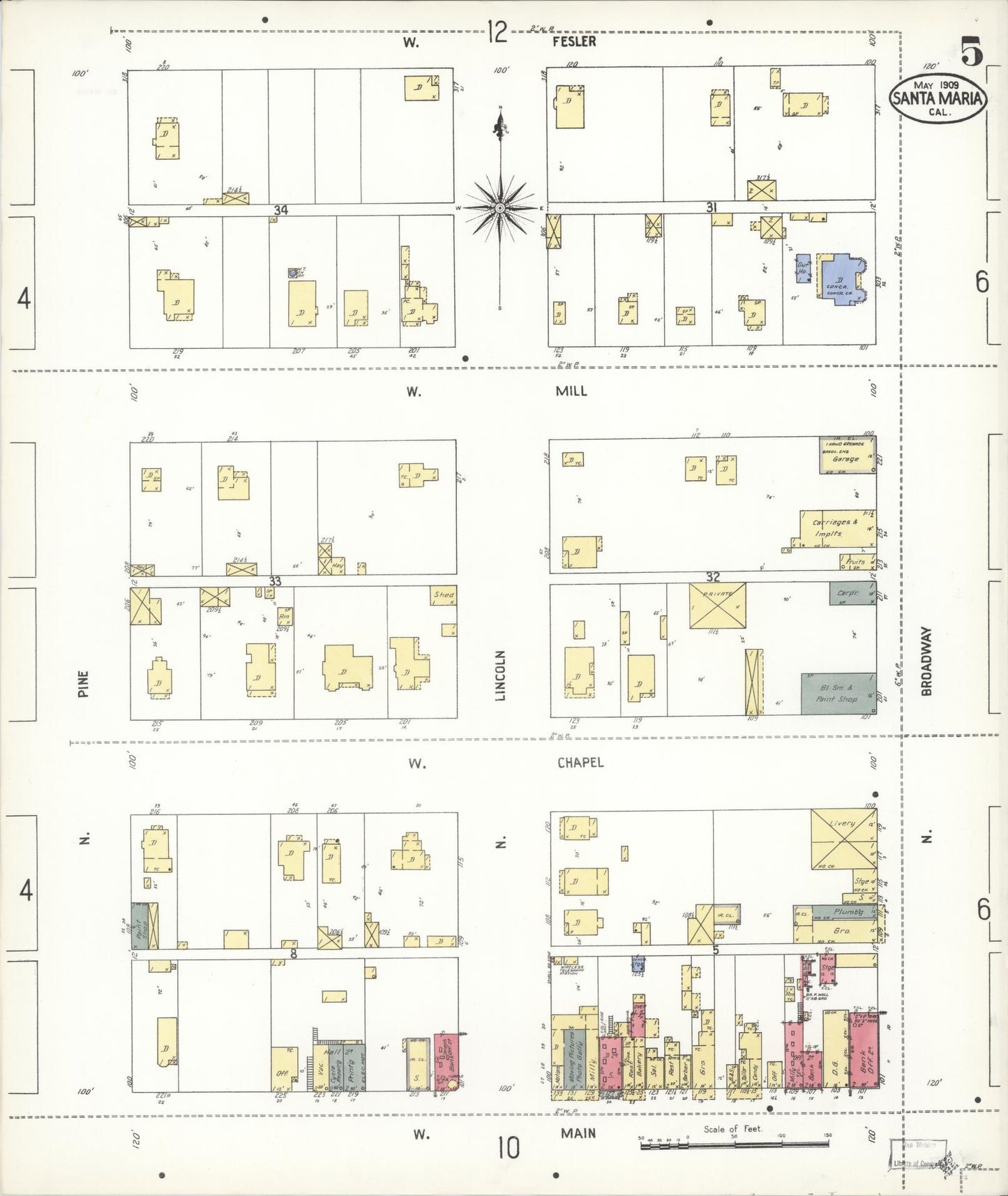 Sanborn Fire Insurance Map from Santa Maria, Santa Barbara County, California (1909), Sheet #0005 - Complete Map Set gallery image, historic Sanborn map, vintage wall art, California California
