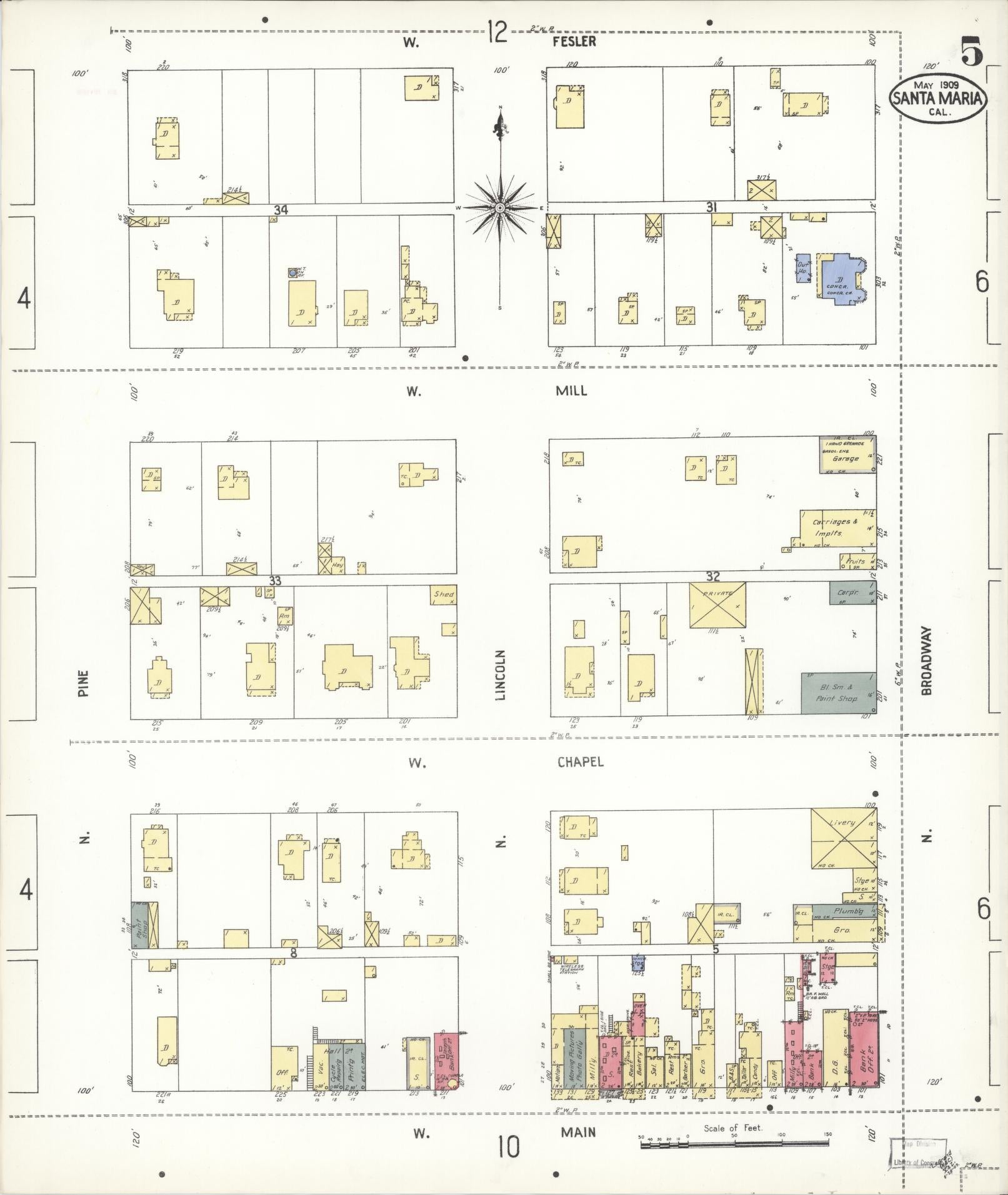 Sanborn Fire Insurance Map from Santa Maria, Santa Barbara County, California (1909), Sheet #0005 - Complete Map Set gallery image, historic Sanborn map, vintage wall art, California California