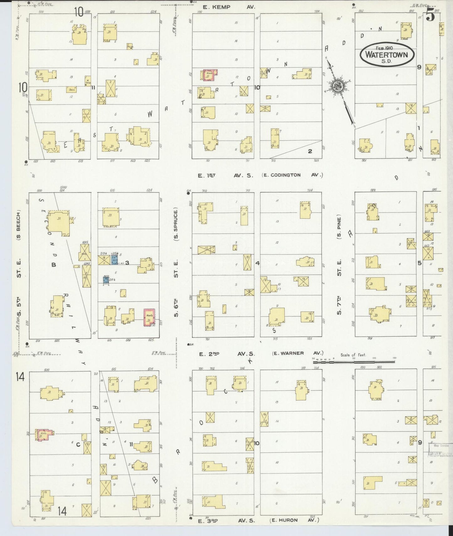 Sanborn Fire Insurance Map from Watertown, Codington County, South Dakota (1910), Sheet #0005 - Complete Map Set gallery image, historic Sanborn map, vintage wall art, South Dakota South Dakota