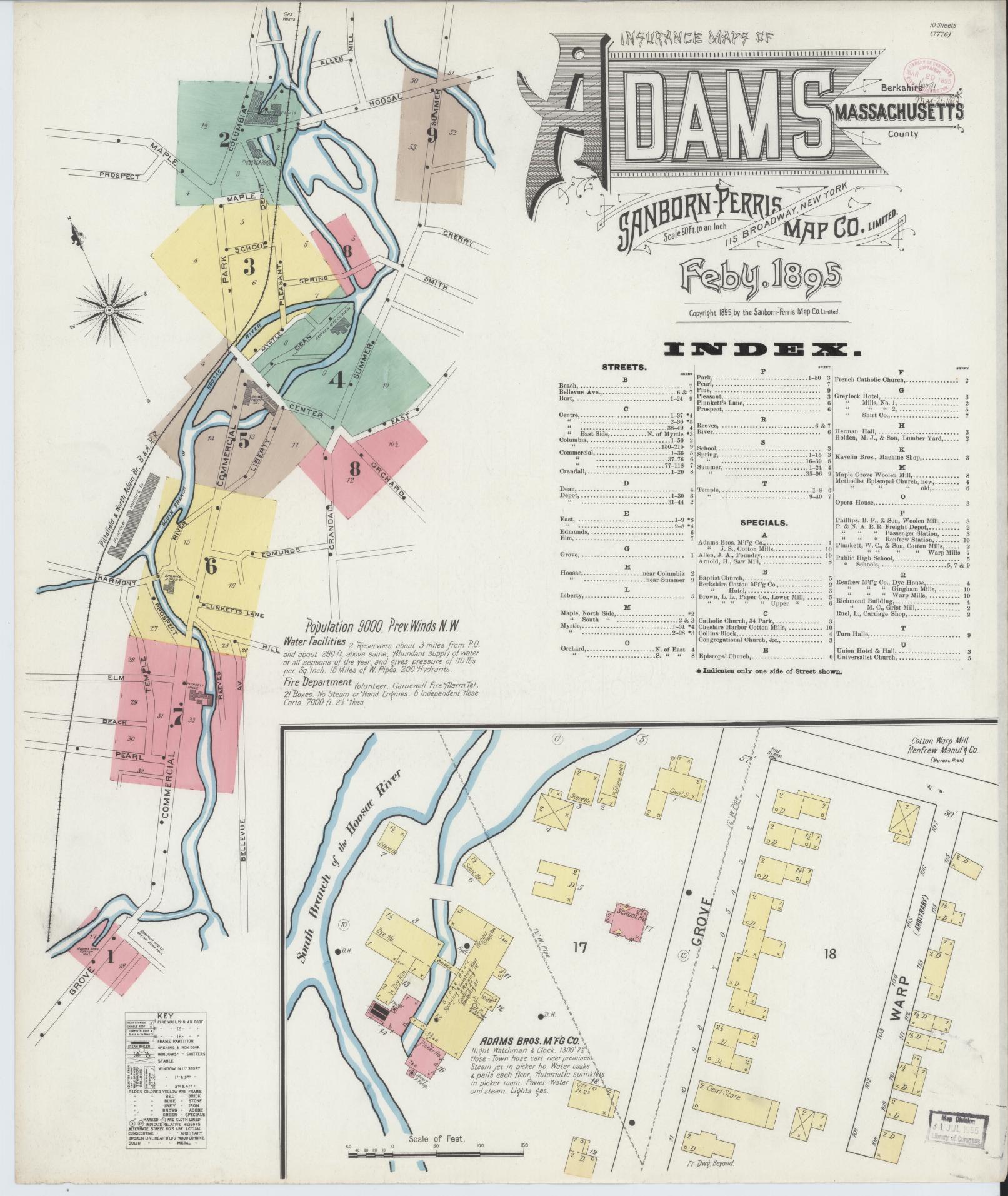 Sanborn Fire Insurance Map from Adams, Berkshire County, Massachusetts (1895), Sheet #0001 - Historic Sanborn Fire Insurance Map Print, vintage old map wall art, antique decor, genealogy gift, Massachusetts Massachusetts map