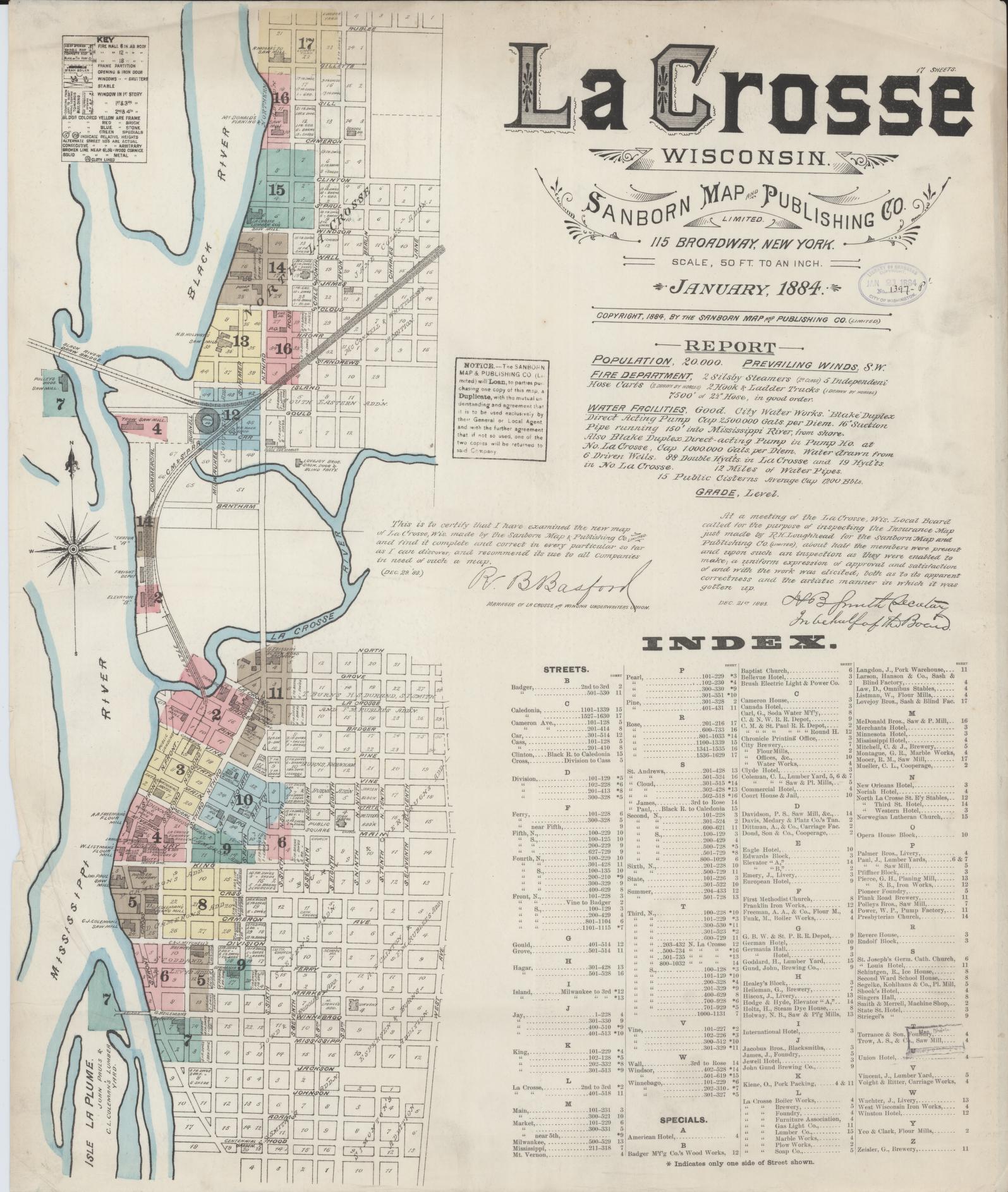 Sanborn Fire Insurance Map from La Crosse, La Crosse County, Wisconsin (1884), Sheet #0001 - Historic Sanborn Fire Insurance Map Print, vintage old map wall art, antique decor, genealogy gift, Wisconsin Wisconsin map