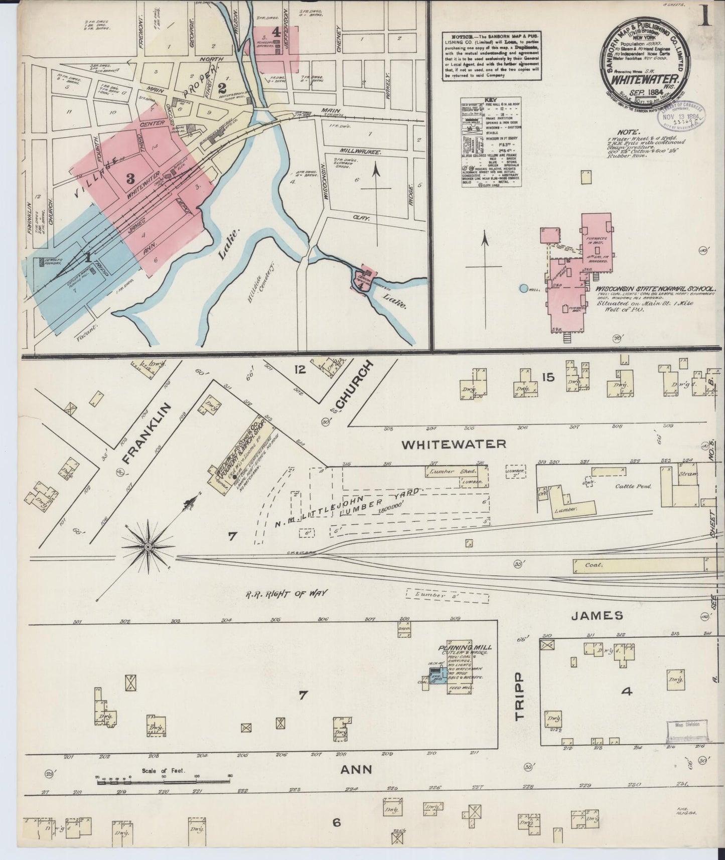 Sanborn Fire Insurance Map from Whitewater, Walworth County, Wisconsin (1884), Sheet #0001 - Historic Sanborn Fire Insurance Map Print, vintage old map wall art, antique decor, genealogy gift, Wisconsin Wisconsin map