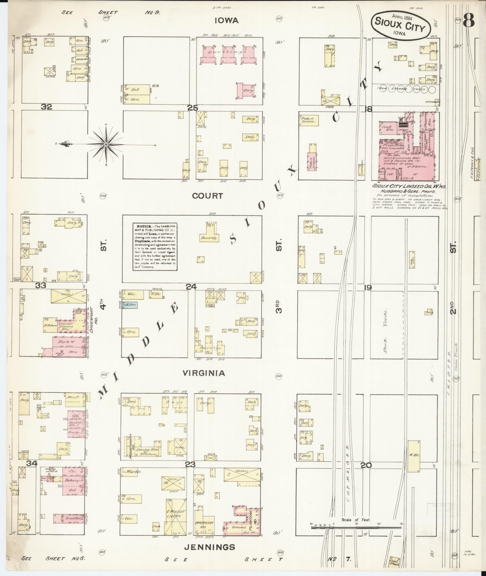 Sanborn Fire Insurance Map from Sioux City, Woodbury County, Iowa (1884), Sheet #0008 - Historic Sanborn Fire Insurance Map Print, vintage old map wall art