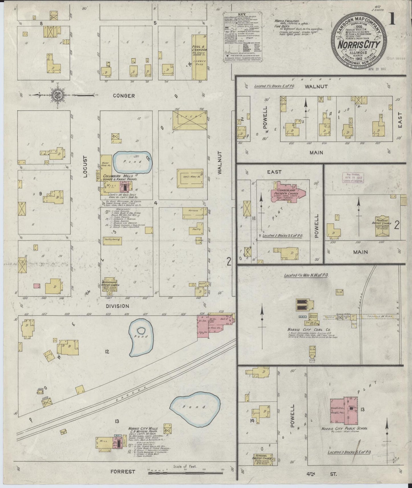 Sanborn Fire Insurance Map from Norris City, White County, Illinois (1912), Sheet #0001 - Historic Sanborn Fire Insurance Map Print, vintage old map wall art, antique decor, genealogy gift, Illinois Illinois map