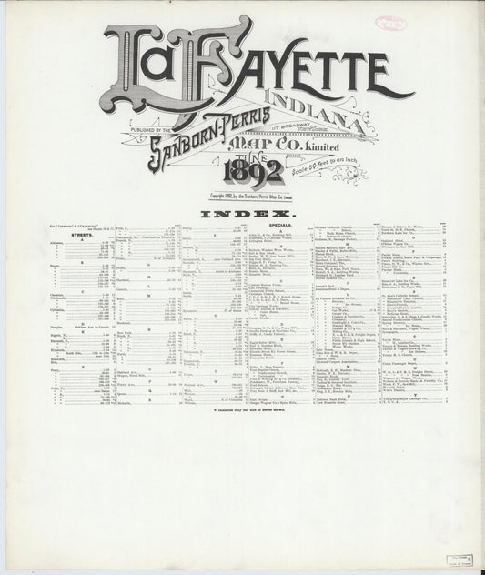 Sanborn Fire Insurance Map from Lafayette, Tippecanoe County, Indiana (1892), Sheet #0001 - Historic Sanborn Fire Insurance Map Print, vintage old map wall art, antique decor, genealogy gift, Indiana Indiana map