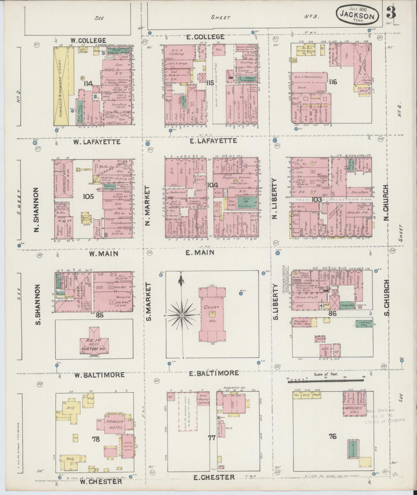 Sanborn Fire Insurance Map from Jackson, Madison County, Tennessee (1890), Sheet #0003 - Historic Sanborn Fire Insurance Map Print, vintage old map wall art, antique decor, genealogy gift, Tennessee Tennessee map