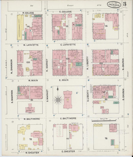 Sanborn Fire Insurance Map from Jackson, Madison County, Tennessee (1890), Sheet #0003 - Historic Sanborn Fire Insurance Map Print, vintage old map wall art, antique decor, genealogy gift, Tennessee Tennessee map