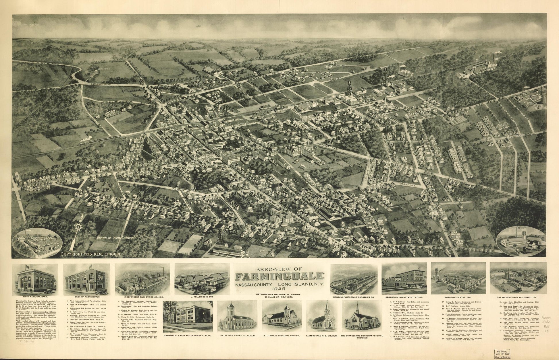 Aero-view of Farmingdale, Nassau County, Long Island, N.Y. 1925. (1925) – Historic Bird’s-Eye View Panorama Print