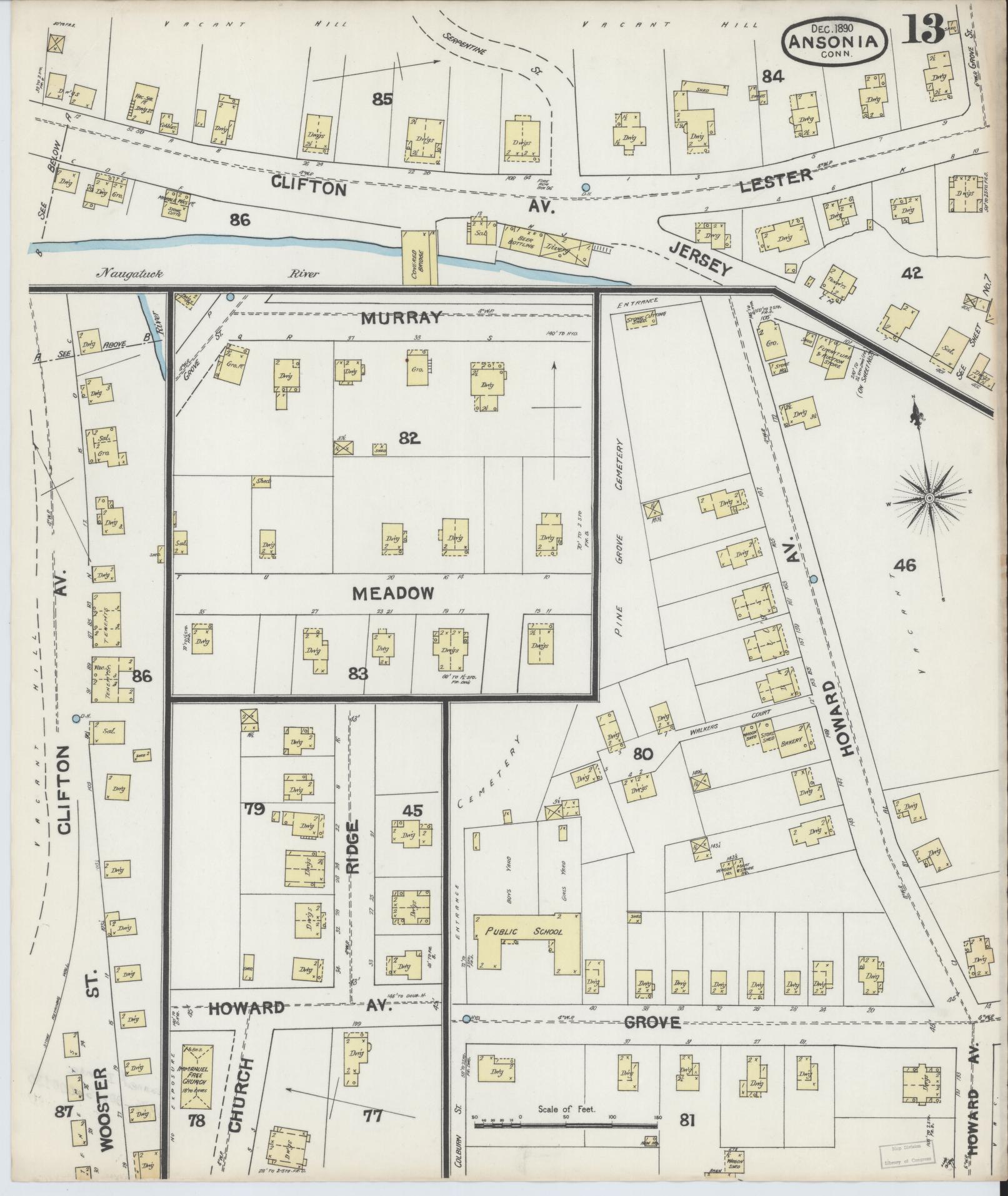 Sanborn Fire Insurance Map from Ansonia, New Haven County, Connecticut (1890), Sheet #0013 - Historic Sanborn Fire Insurance Map Print, vintage old map wall art, antique decor, genealogy gift, Connecticut Connecticut map