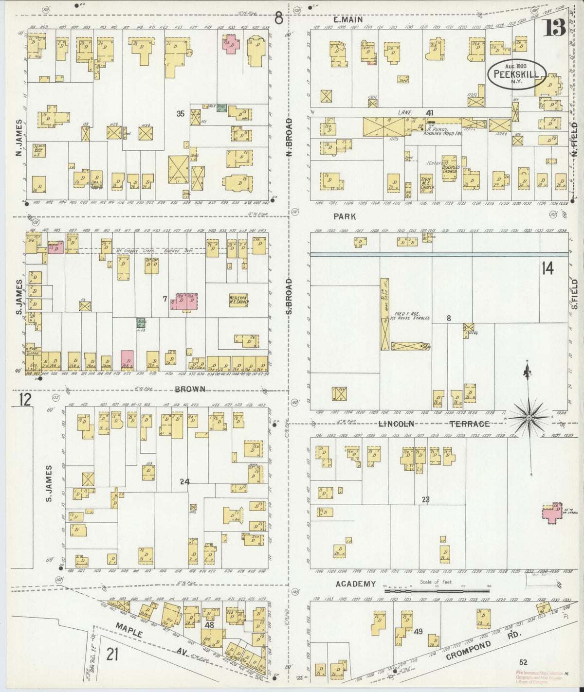 Sanborn Fire Insurance Map from Peekskill, Westchester County, New York (1900), Sheet #0013 - Historic Sanborn Fire Insurance Map Print, vintage old map wall art, antique decor, genealogy gift, New York New York map