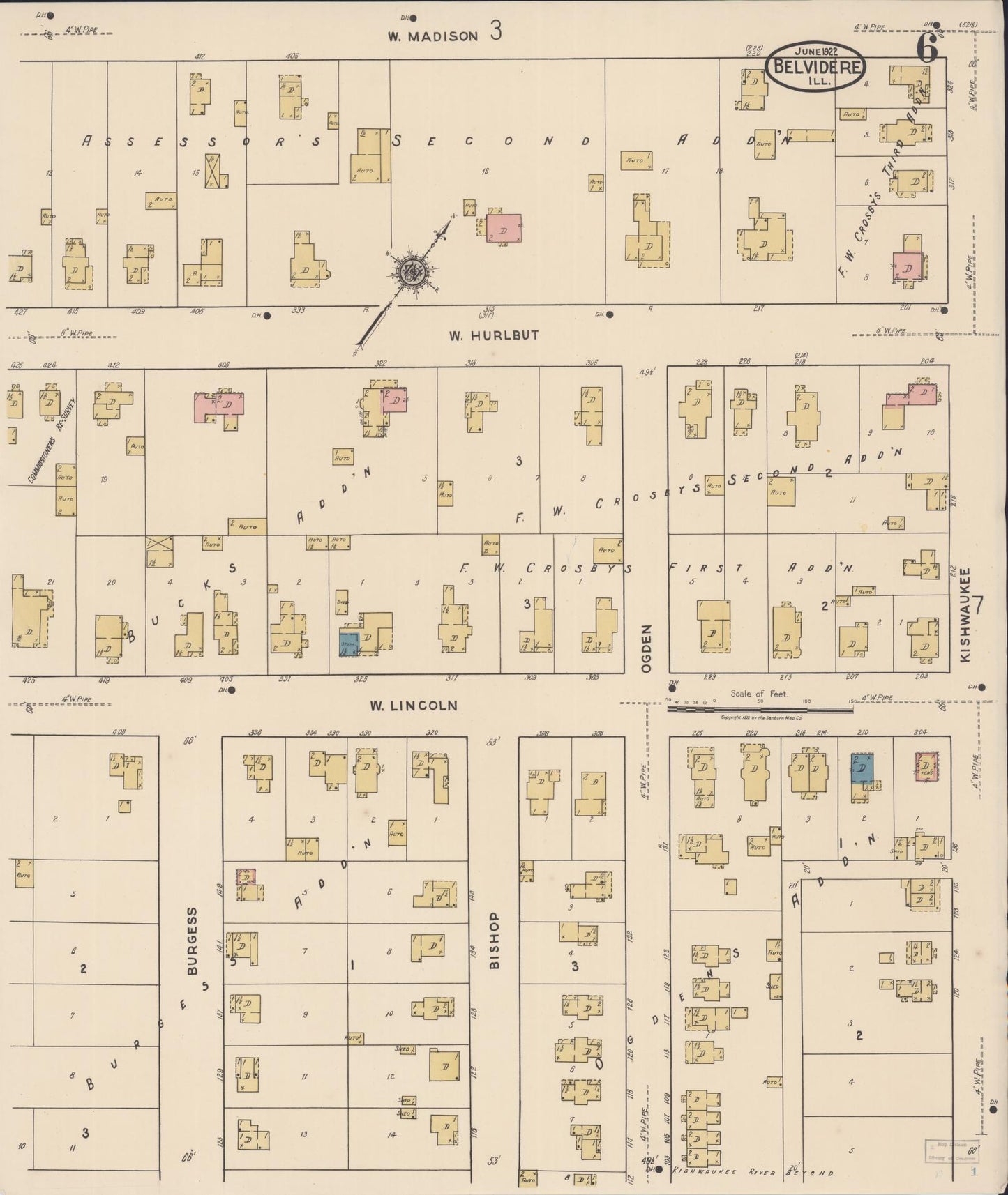 Sanborn Fire Insurance Map from Belvidere, Boone County, Illinois (1922), Sheet #0006 - Complete Map Set gallery image, historic Sanborn map, vintage wall art, Illinois Illinois
