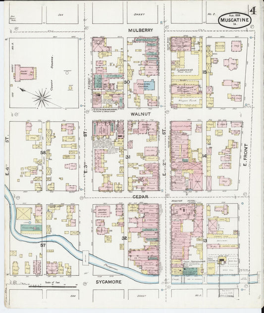 Sanborn Fire Insurance Map from Muscatine, Muscatine County, Iowa (1888), Sheet #0004 - Historic Sanborn Fire Insurance Map Print, vintage old map wall art