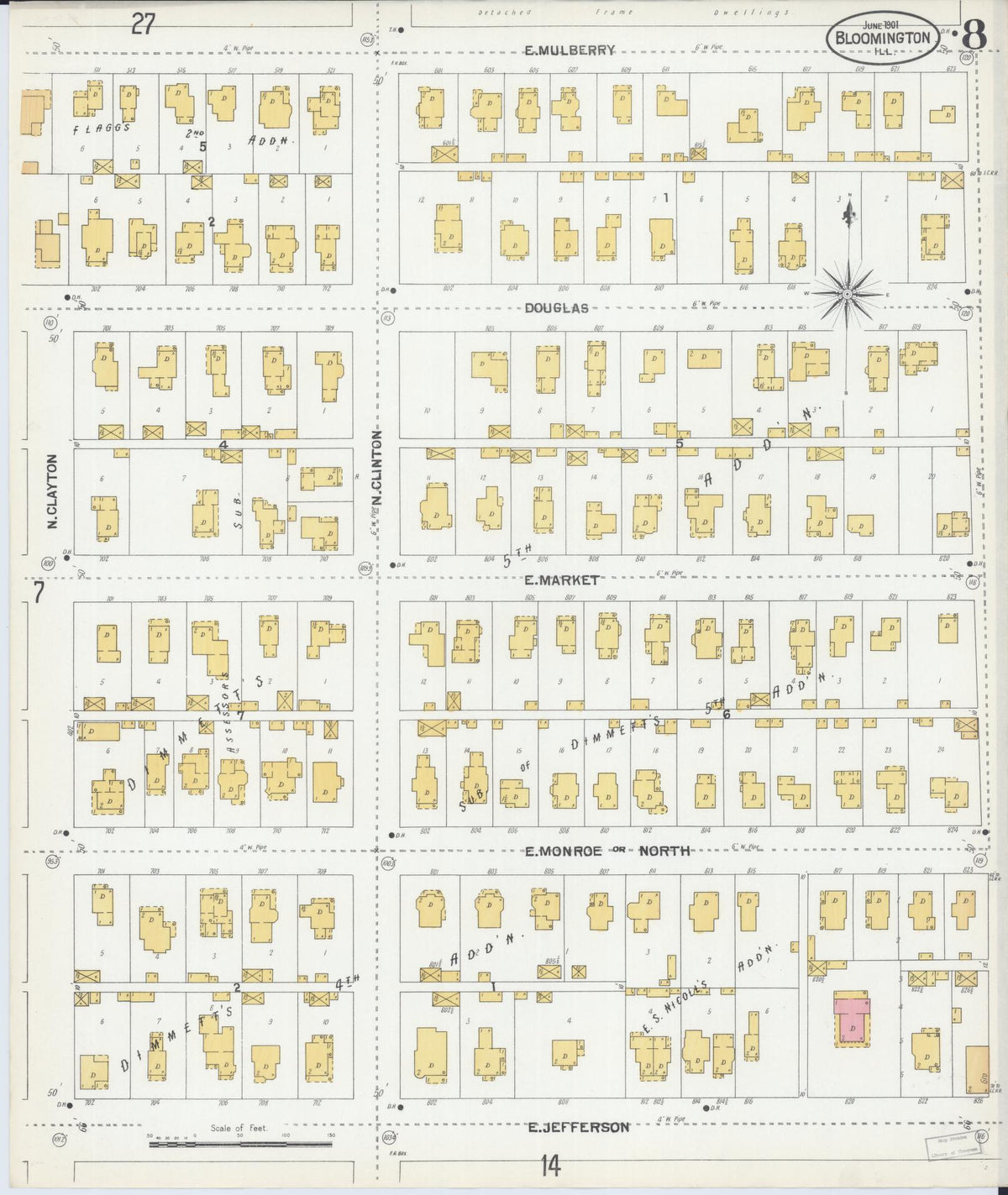 Sanborn Fire Insurance Map from Bloomington, McLean County, Illinois (1901), Sheet #0008 - Complete Map Set gallery image, historic Sanborn map, vintage wall art, Illinois Illinois