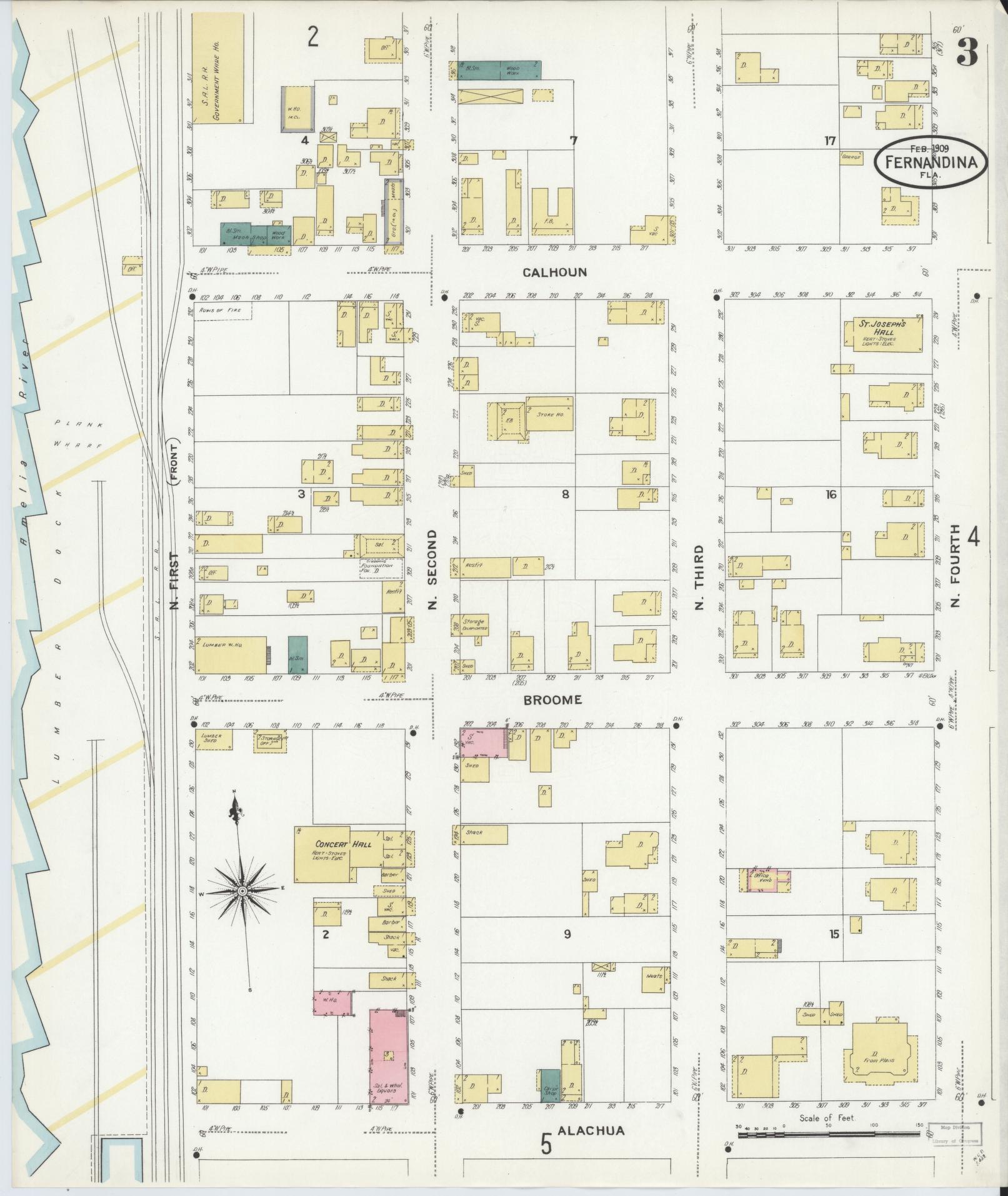 Sanborn Fire Insurance Map from Fernandina, Nassau County, Florida (1909), Sheet #0003 - Historic Sanborn Fire Insurance Map Print, vintage old map wall art, antique decor, genealogy gift, Florida Florida map
