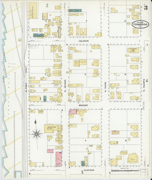 Sanborn Fire Insurance Map from Fernandina, Nassau County, Florida (1909), Sheet #0003 - Historic Sanborn Fire Insurance Map Print, vintage old map wall art, antique decor, genealogy gift, Florida Florida map