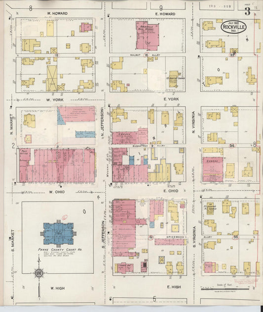 Sanborn Fire Insurance Map from Rockville, Parke County, Indiana (1932), Sheet #0003 - Historic Sanborn Fire Insurance Map Print, vintage old map wall art, antique decor, genealogy gift, Indiana Indiana map
