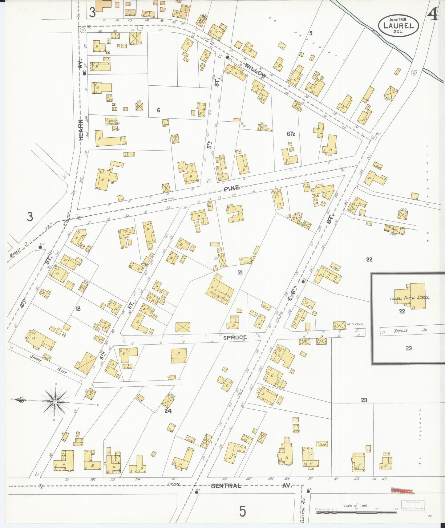 Sanborn Fire Insurance Map from Laurel, Sussex County, Delaware (1901), Sheet #0004 - Complete Map Set gallery image, historic Sanborn map, vintage wall art, Delaware Delaware