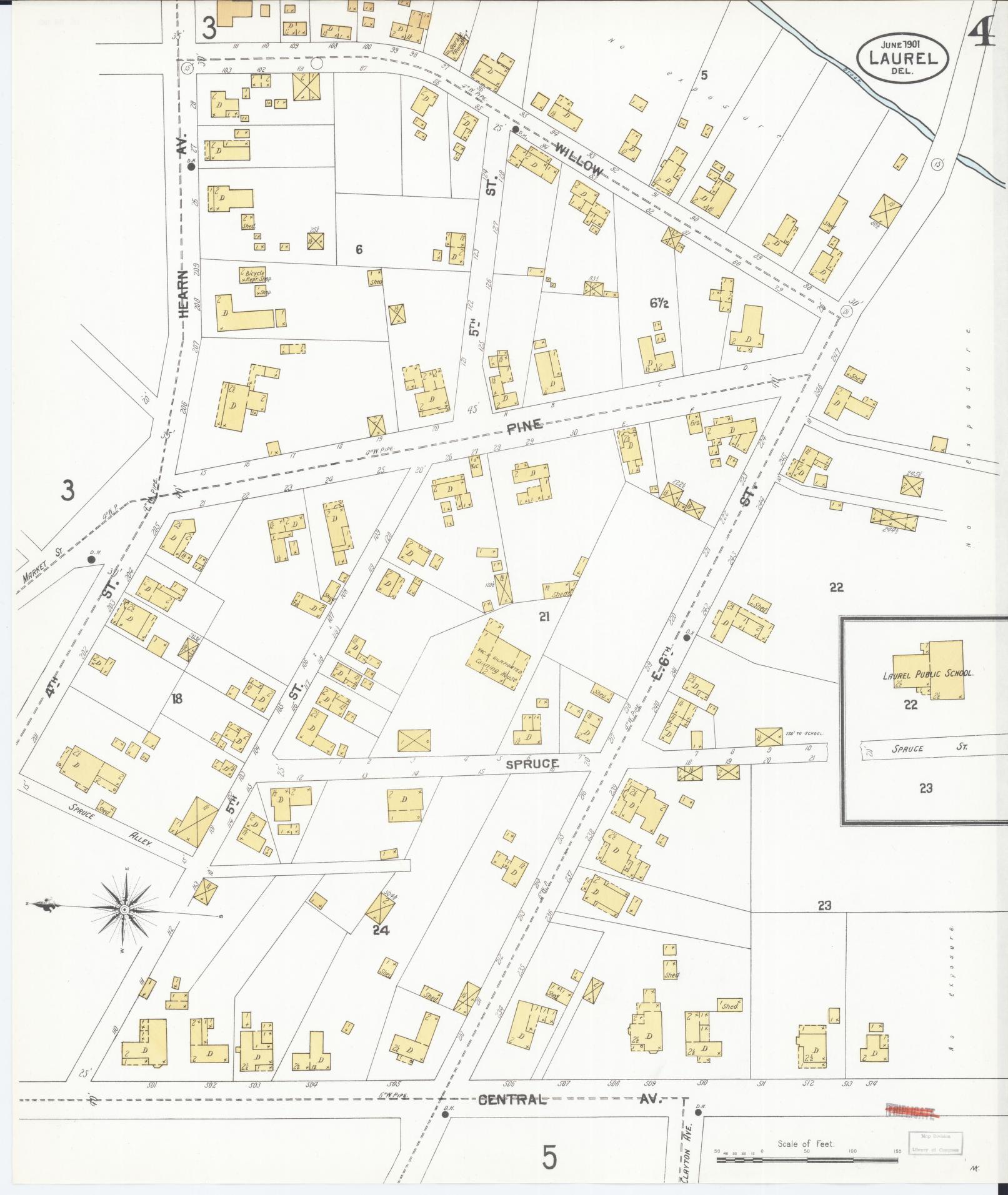 Sanborn Fire Insurance Map from Laurel, Sussex County, Delaware (1901), Sheet #0004 - Complete Map Set gallery image, historic Sanborn map, vintage wall art, Delaware Delaware