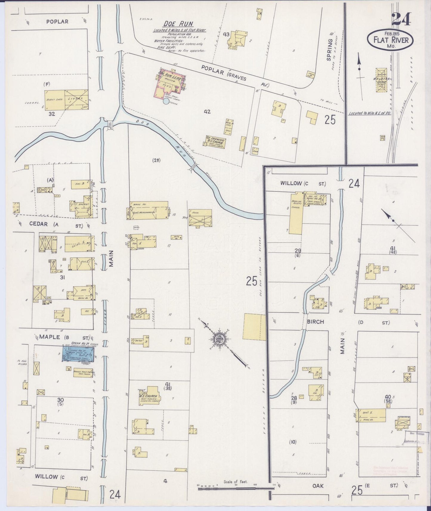 Sanborn Fire Insurance Map from Flat River, Saint Francois County, Missouri (1915), Sheet #0024 - Historic Sanborn Fire Insurance Map Print, vintage old map wall art, antique decor, genealogy gift, Missouri Missouri map