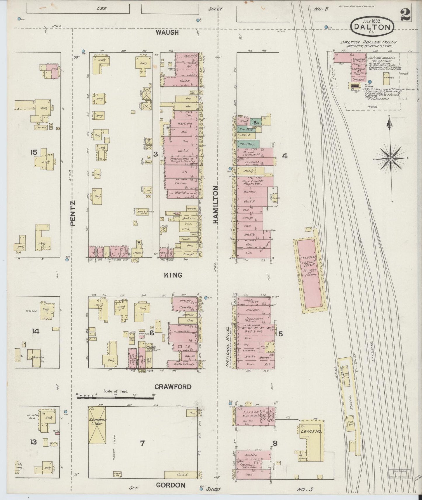 Sanborn Fire Insurance Map from Dalton, Whitfield County, Georgia (1889), Sheet #0002 - Complete Map Set gallery image, historic Sanborn map, vintage wall art, Georgia Georgia