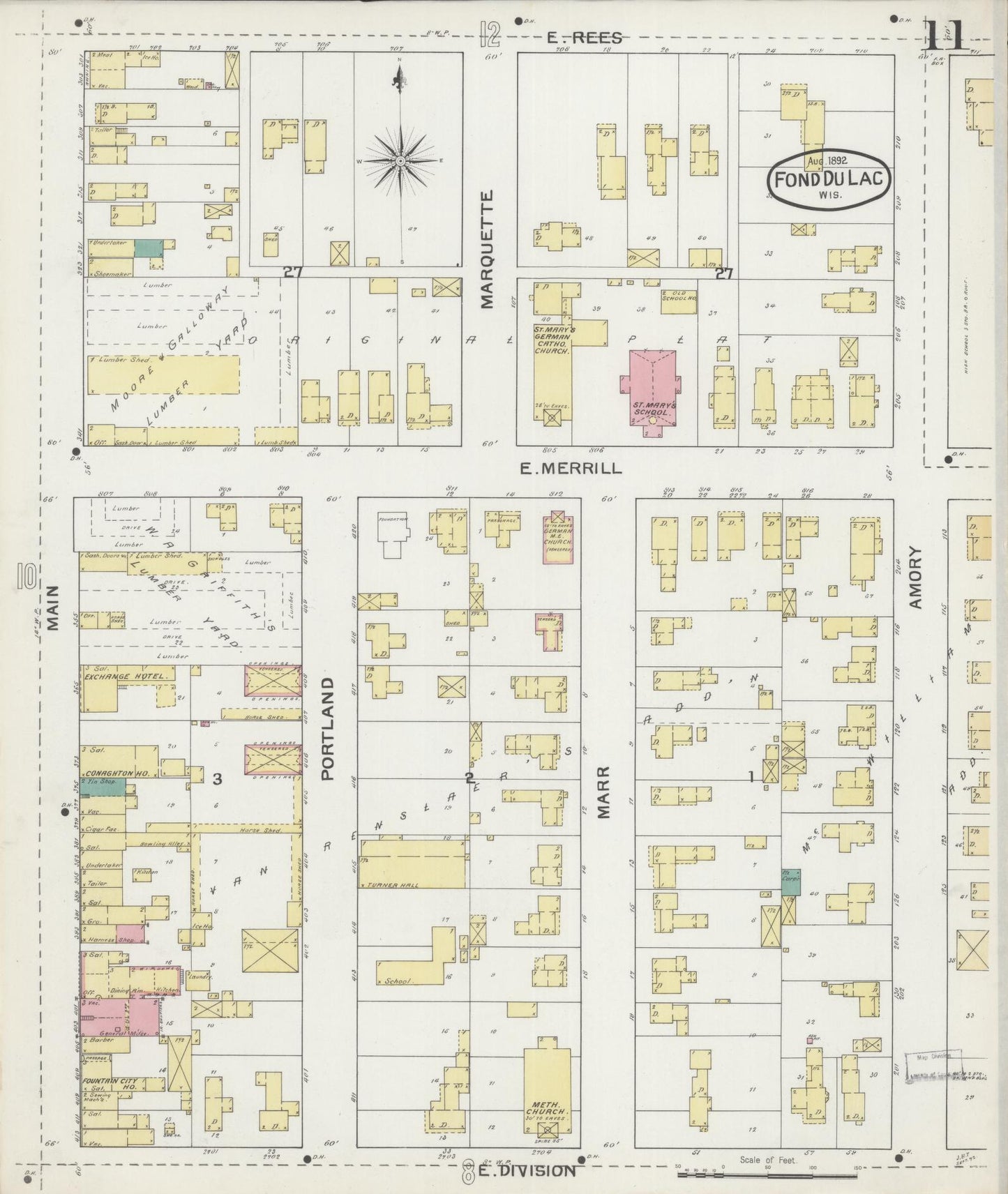 Sanborn Fire Insurance Map from Fond du Lac, Fond du Lac County, Wisconsin (1892), Sheet #0011 - Historic Sanborn Fire Insurance Map Print, vintage old map wall art, antique decor, genealogy gift, Wisconsin Wisconsin map