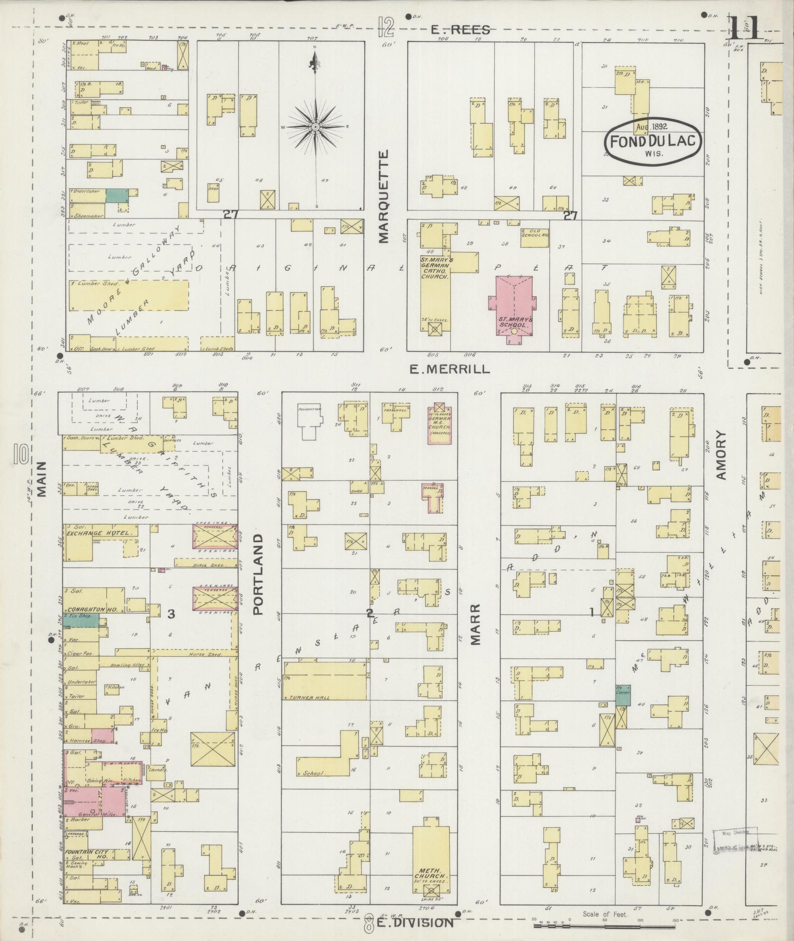 Sanborn Fire Insurance Map from Fond du Lac, Fond du Lac County, Wisconsin (1892), Sheet #0011 - Historic Sanborn Fire Insurance Map Print, vintage old map wall art, antique decor, genealogy gift, Wisconsin Wisconsin map