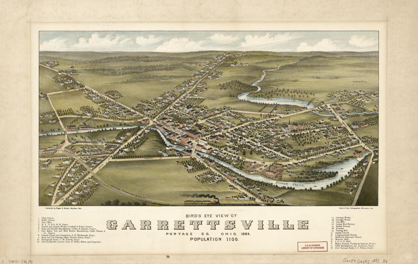 Bird's eye view of Garrettsville, Portage Co. Ohio 1883 : population 1100. (1883) – Historic Bird’s-Eye View Panorama Print