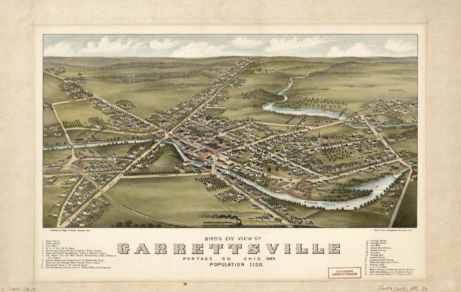 Bird's eye view of Garrettsville, Portage Co. Ohio 1883 : population 1100. (1883) – Historic Bird’s-Eye View Panorama Print