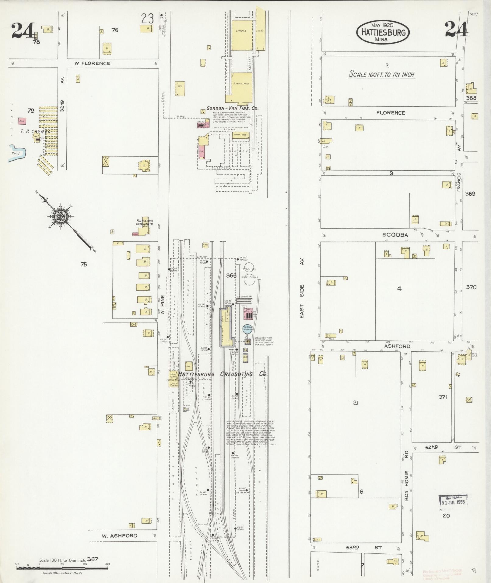 Sanborn Fire Insurance Map from Hattiesburg, Forrest County, Mississippi (1925), Sheet #0024 - Complete Map Set gallery image, historic Sanborn map, vintage wall art, Mississippi Mississippi