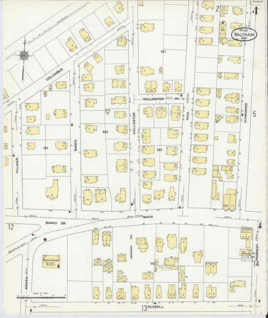 Sanborn Fire Insurance Map from Waltham, Middlesex County, Massachusetts (1911), Sheet #0004 - Historic Sanborn Fire Insurance Map Print, vintage old map wall art, antique decor, genealogy gift, Massachusetts Massachusetts map