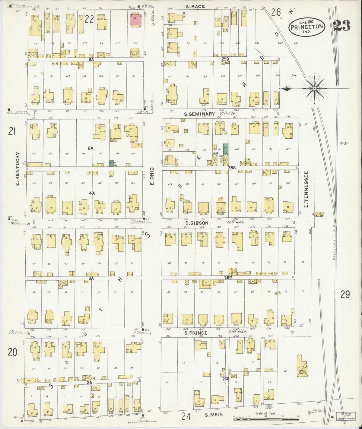 Sanborn Fire Insurance Map from Princeton, Gibson County, Indiana (1907), Sheet #0023 - Historic Sanborn Fire Insurance Map Print, vintage old map wall art, antique decor, genealogy gift, Indiana Indiana map