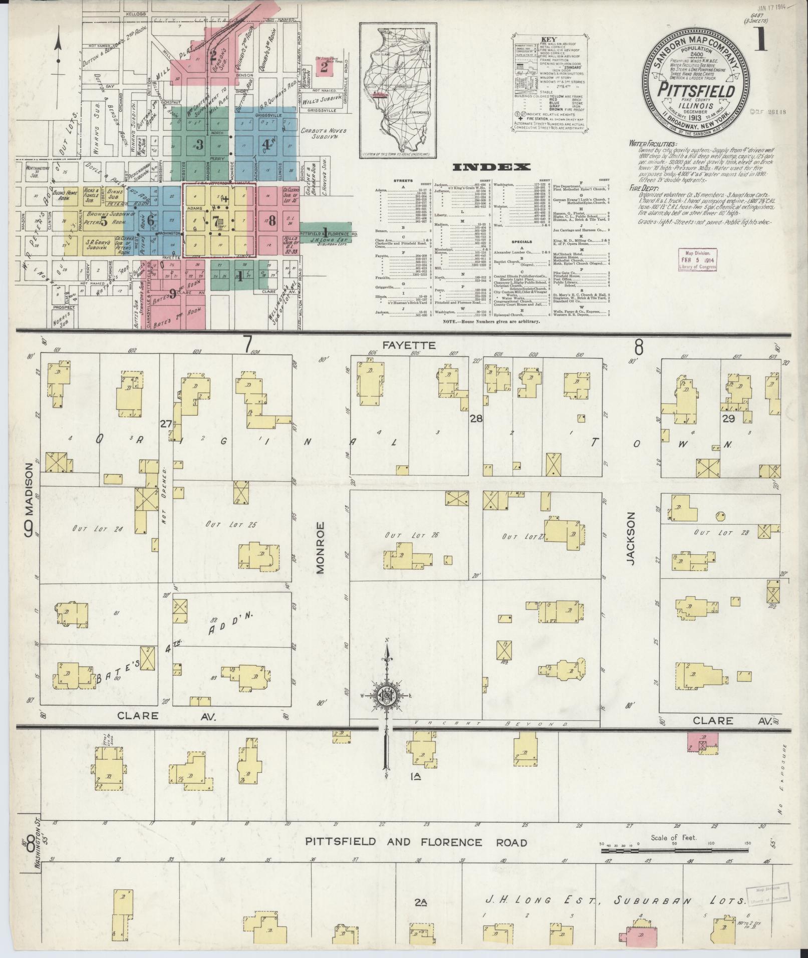 Sanborn Fire Insurance Map from Pittsfield, Pike County, Illinois (1913), Sheet #0001 - Historic Sanborn Fire Insurance Map Print, vintage old map wall art, antique decor, genealogy gift, Illinois Illinois map