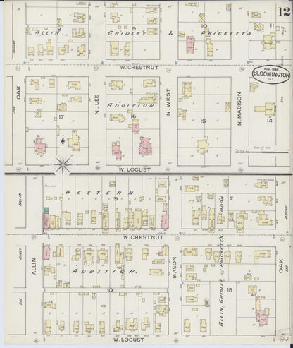 Sanborn Fire Insurance Map from Bloomington, McLean County, Illinois (1886), Sheet #0012 - Complete Map Set gallery image, historic Sanborn map, vintage wall art, Illinois Illinois