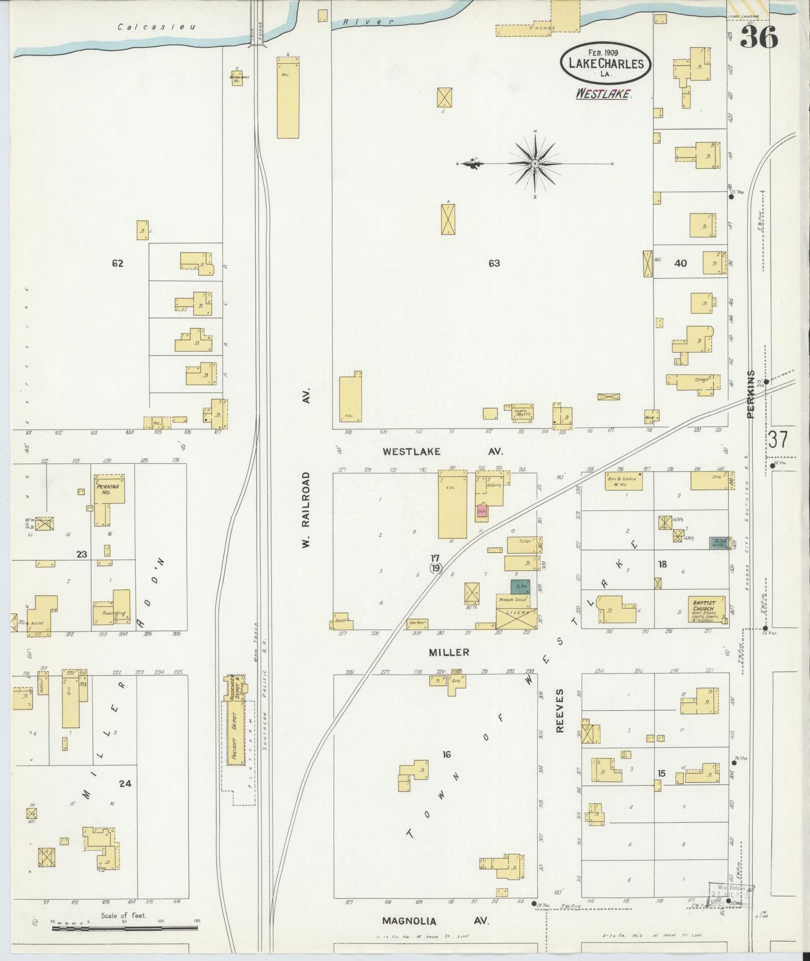 Sanborn Fire Insurance Map from Lake Charles, Calcasieu Parish, Louisiana (1909), Sheet #0036 - Complete Map Set gallery image, historic Sanborn map, vintage wall art, Louisiana Louisiana