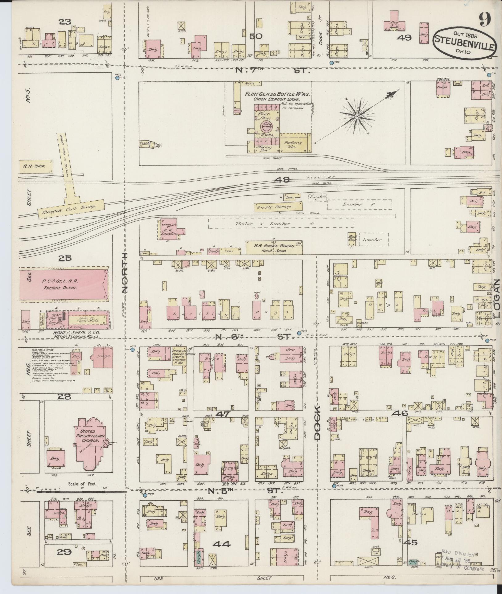 Sanborn Fire Insurance Map from Steubenville, Jefferson County, Ohio (1885), Sheet #0009 - Historic Sanborn Fire Insurance Map Print, vintage old map wall art, antique decor, genealogy gift, Ohio Ohio map