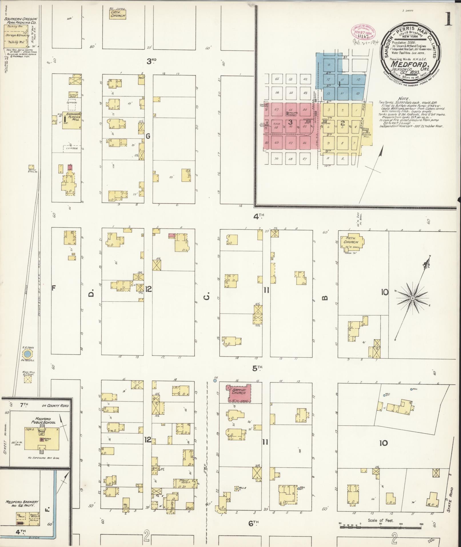 Sanborn Fire Insurance Map from Medford, Jackson County, Oregon (1893), Sheet #0001 - Complete Map Set gallery image, historic Sanborn map, vintage wall art, Oregon Oregon