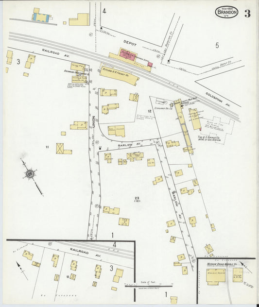 Sanborn Fire Insurance Map from Brandon, Rutland County, Vermont (1920), Sheet #0003 - Historic Sanborn Fire Insurance Map Print, vintage old map wall art, antique decor, genealogy gift, Vermont Vermont map