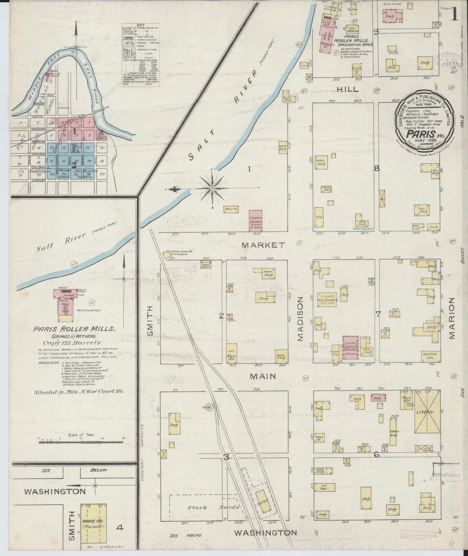 Sanborn Fire Insurance Map from Paris, Monroe County, Missouri (1886), Sheet #0001 - Historic Sanborn Fire Insurance Map Print, vintage old map wall art, antique decor, genealogy gift, Missouri Missouri map