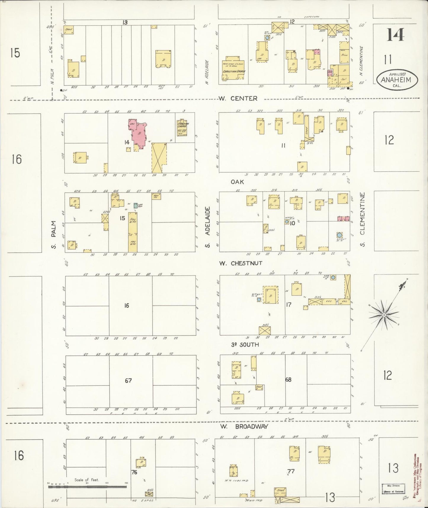 Sanborn Fire Insurance Map from Anaheim, Orange County, California (1907), Sheet #0014 - Historic Sanborn Fire Insurance Map Print, vintage old map wall art, antique decor, genealogy gift, California California map