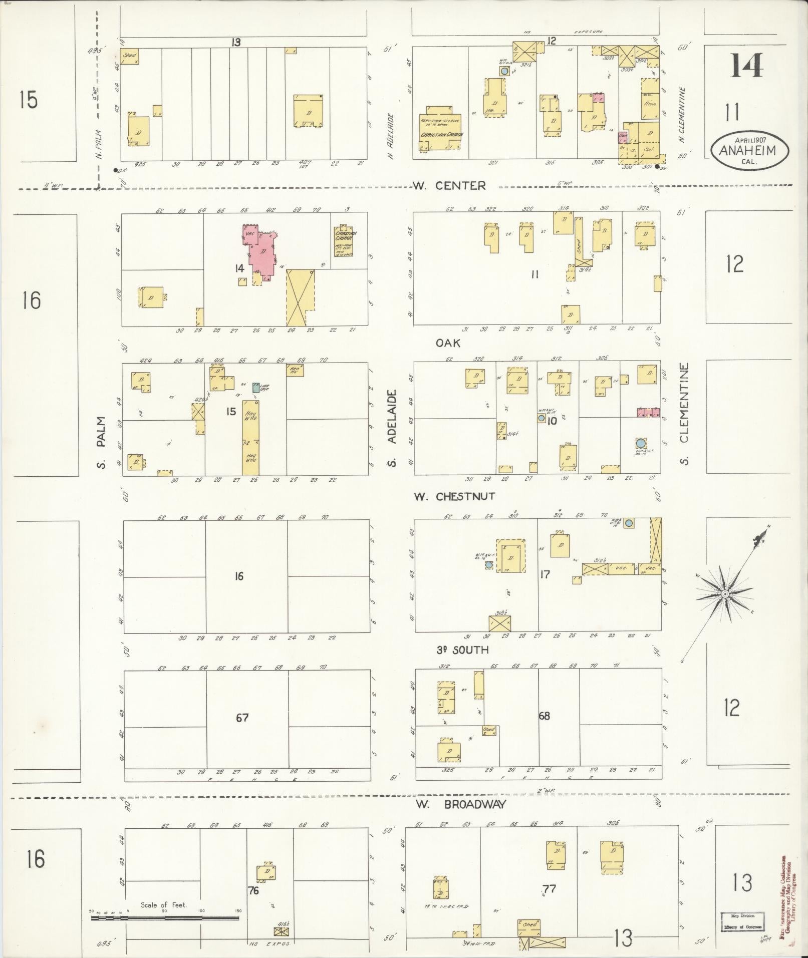 Sanborn Fire Insurance Map from Anaheim, Orange County, California (1907), Sheet #0014 - Historic Sanborn Fire Insurance Map Print, vintage old map wall art, antique decor, genealogy gift, California California map