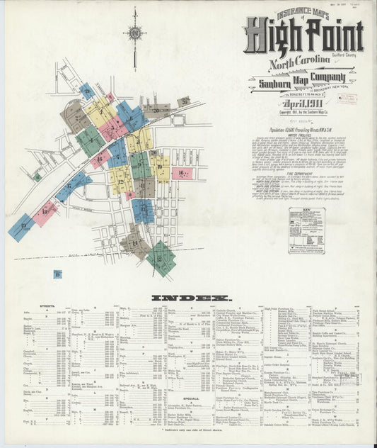 Sanborn Fire Insurance Map from High Point, Guilford County, North Carolina (1911), Sheet #0001 - Historic Sanborn Fire Insurance Map Print, vintage old map wall art, antique decor, genealogy gift, North Carolina North Carolina map