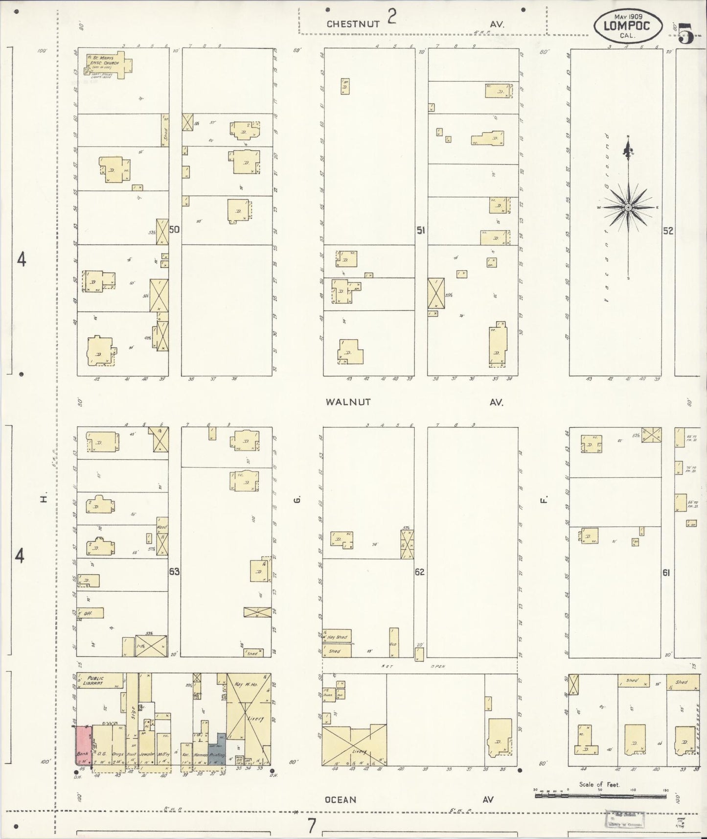 Sanborn Fire Insurance Map from Lompoc, Santa Barbara County, California (1909), Sheet #0005 - Historic Sanborn Fire Insurance Map Print, vintage old map wall art, antique decor, genealogy gift, California California map