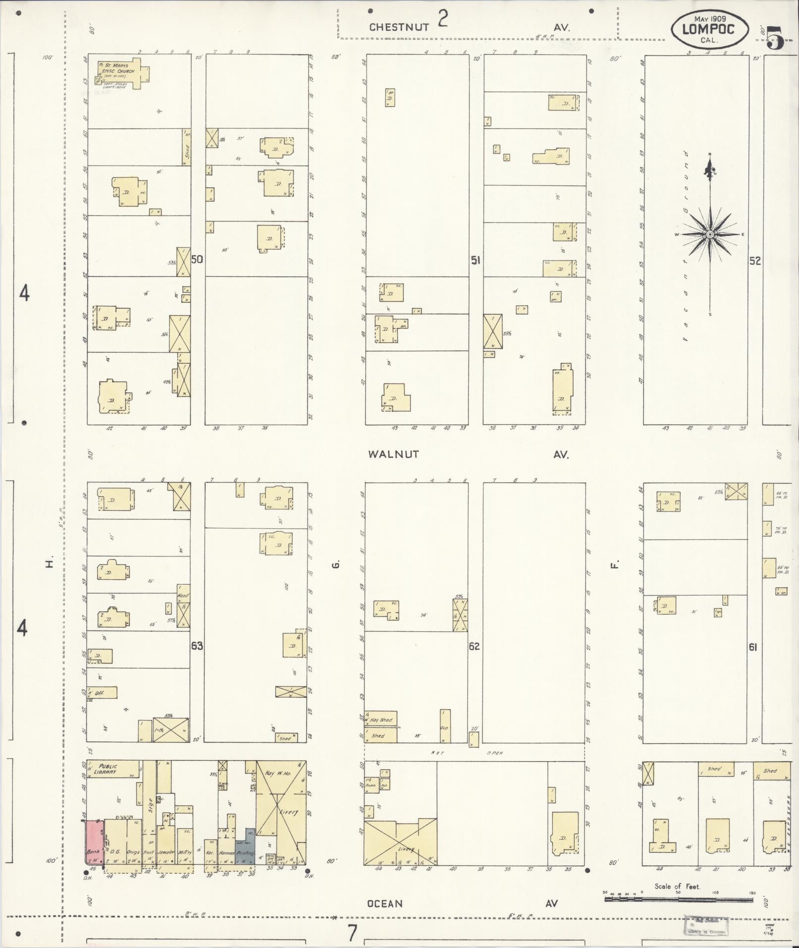 Sanborn Fire Insurance Map from Lompoc, Santa Barbara County, California (1909), Sheet #0005 - Historic Sanborn Fire Insurance Map Print, vintage old map wall art, antique decor, genealogy gift, California California map