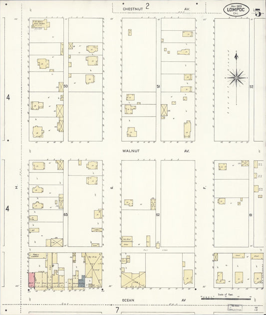 Sanborn Fire Insurance Map from Lompoc, Santa Barbara County, California (1909), Sheet #0005 - Historic Sanborn Fire Insurance Map Print, vintage old map wall art, antique decor, genealogy gift, California California map