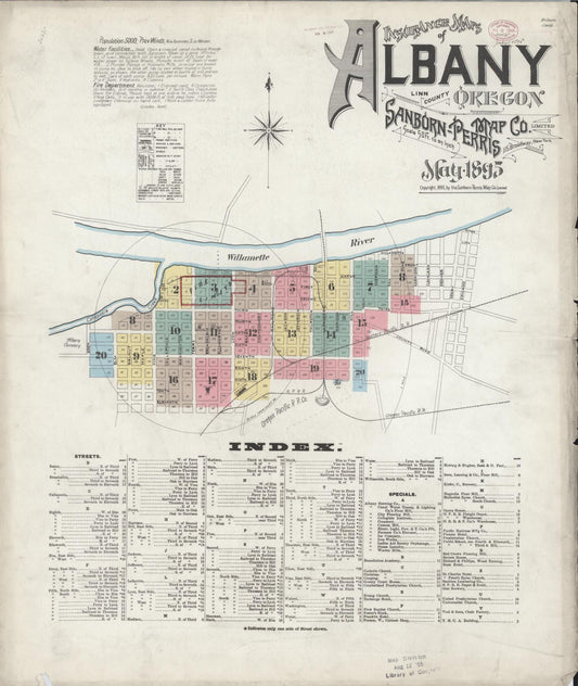 Sanborn Fire Insurance Map from Albany, Linn County, Oregon (1895), Sheet #0001 - Historic Sanborn Fire Insurance Map Print, vintage old map wall art, antique decor, genealogy gift, Oregon Oregon map
