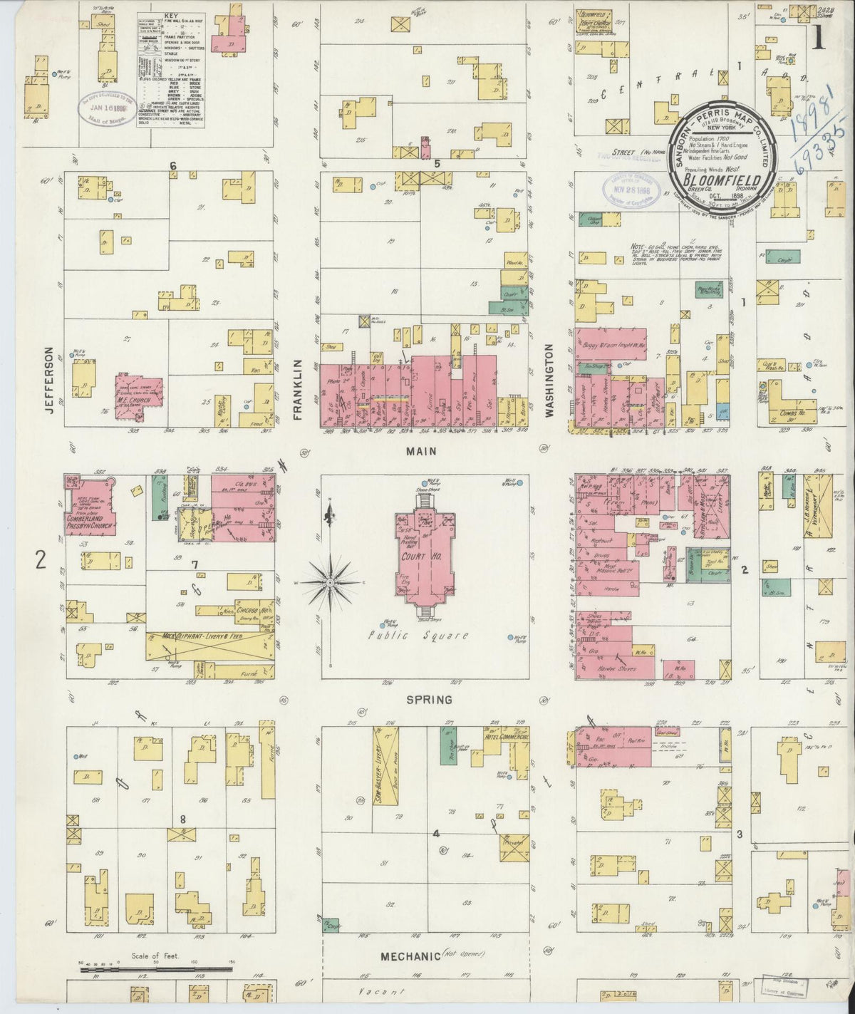 Sanborn Fire Insurance Map from Bloomfield, Greene County, Indiana (1898), Sheet #0001 - Historic Sanborn Fire Insurance Map Print, vintage old map wall art, antique decor, genealogy gift, Indiana Indiana map